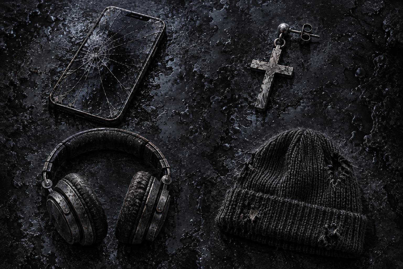 A cracked phone, cross earring, headphones and beanie recovered from the drowned city